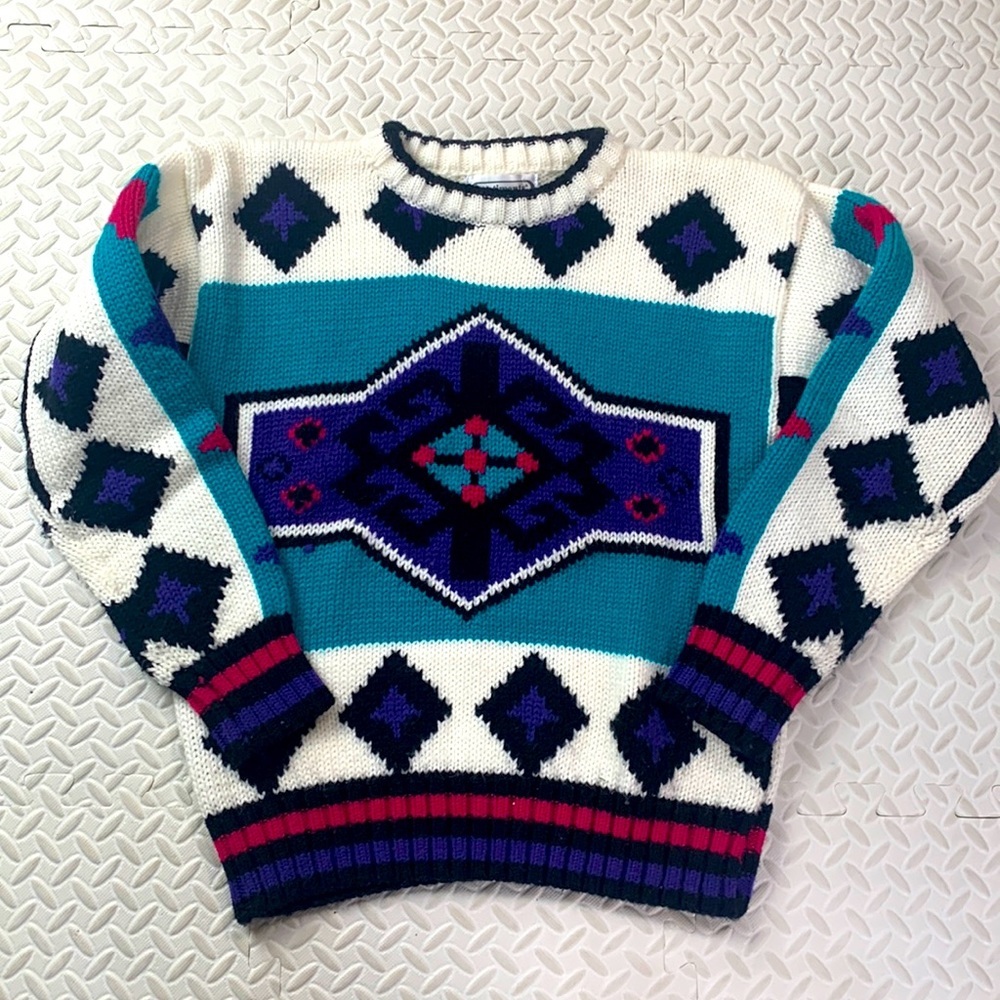 VINTAGE Awesome Pattern Sweater Purple Turquoise '80s Knit